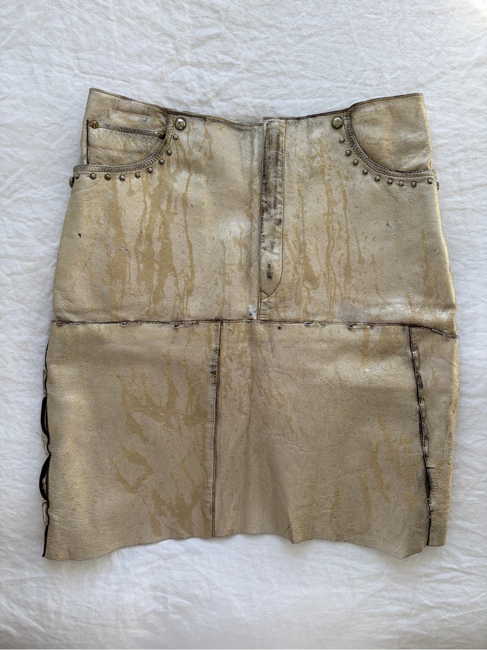 NWT See by Chloe Leather Stud Safety Pin Distressed Skirt Metallic Silver Gold